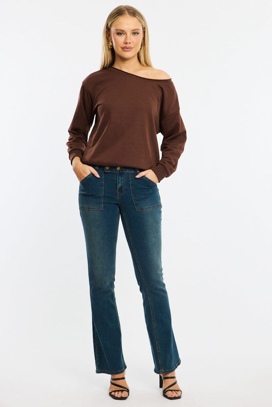 Brown Off Shoulder Sweater Long Sleeve