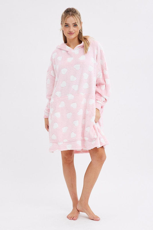 Pink Heart Print Cosy Blanket Hoodie PJ