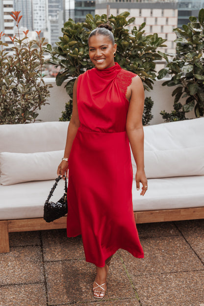 Anabelle Halter Neck Lace Maxi Dress - Red