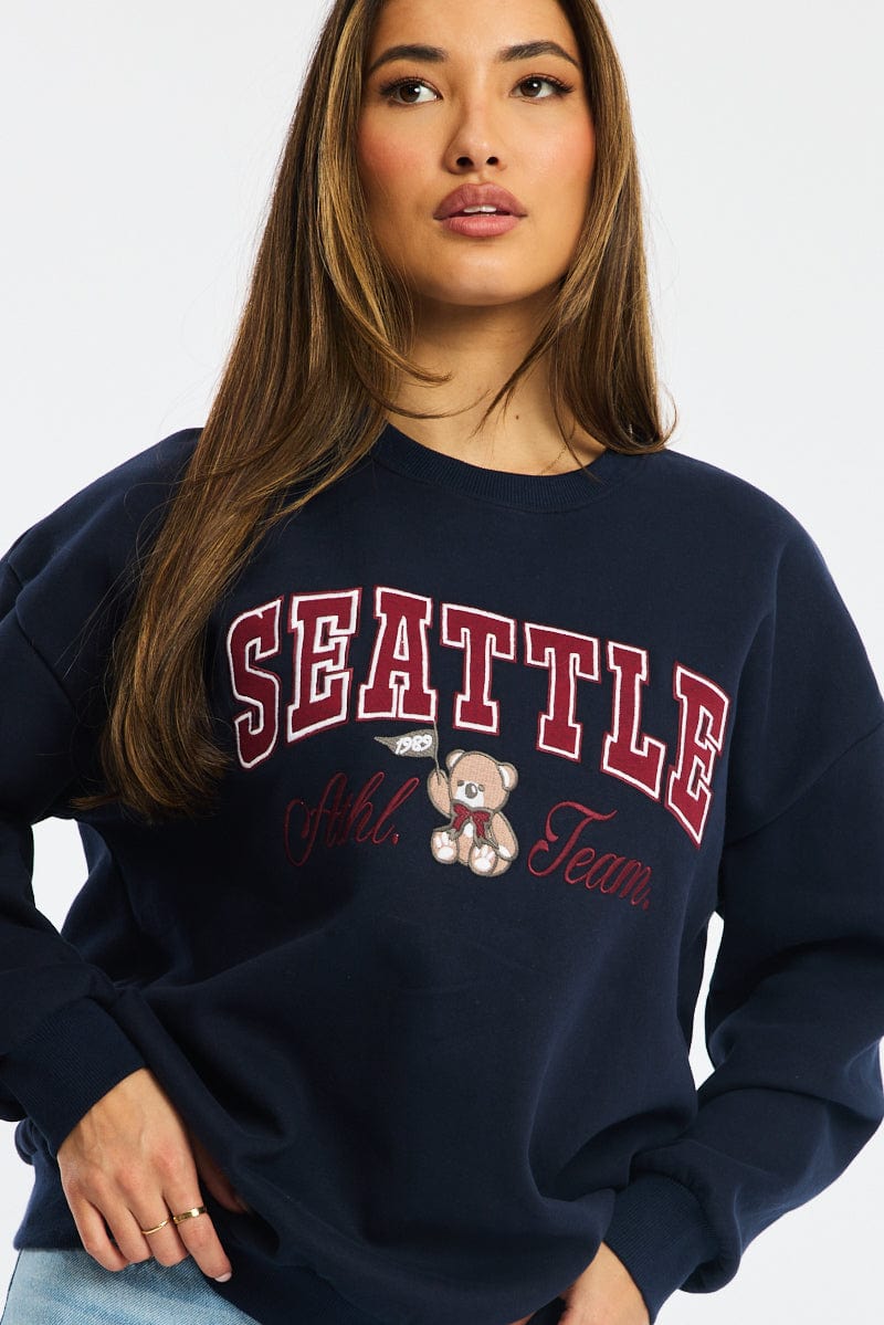 Blue Graphic Sweater Long Sleeve