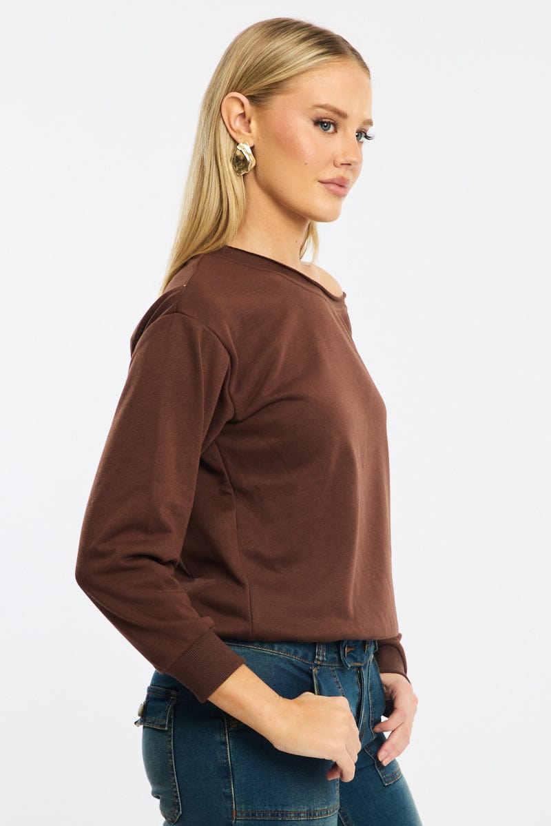 Brown Off Shoulder Sweater Long Sleeve
