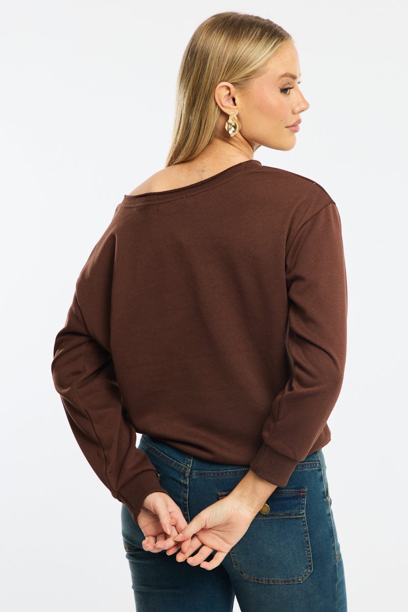 Brown Off Shoulder Sweater Long Sleeve