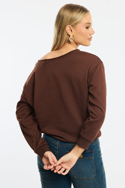 Brown Off Shoulder Sweater Long Sleeve