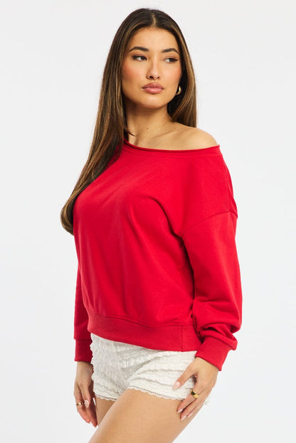 Red Off Shoulder Sweater Long Sleeve