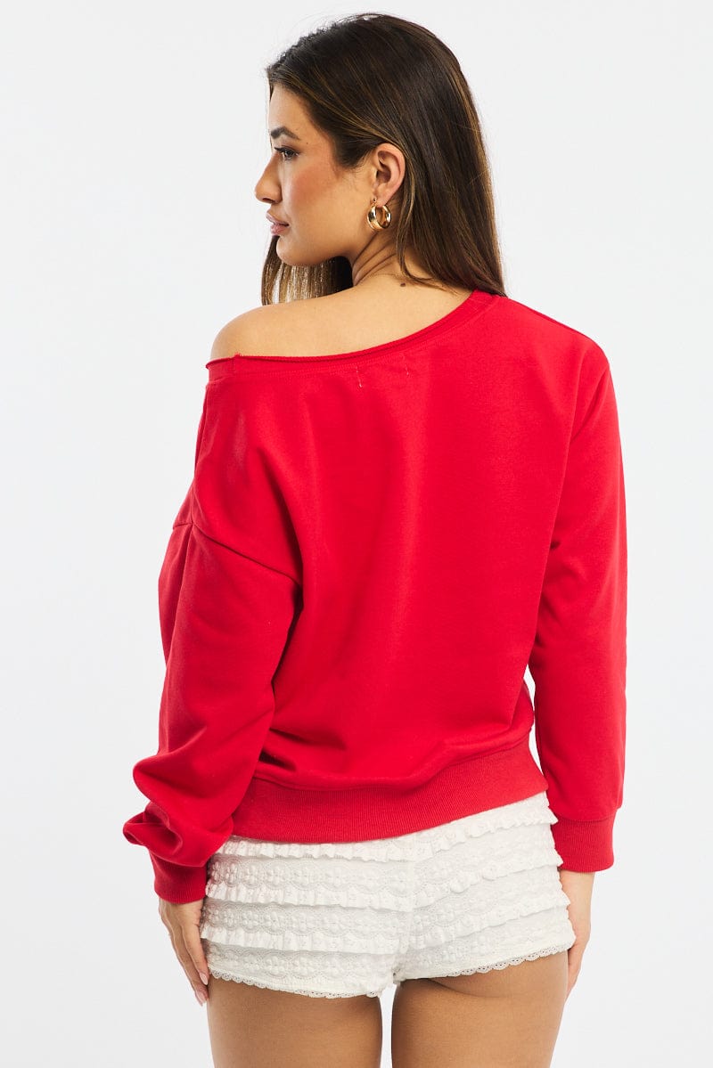 Red Off Shoulder Sweater Long Sleeve