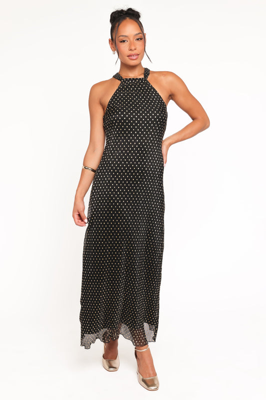 Melody Plisse Halter Maxi Dress - Black/Gold Polka Dot