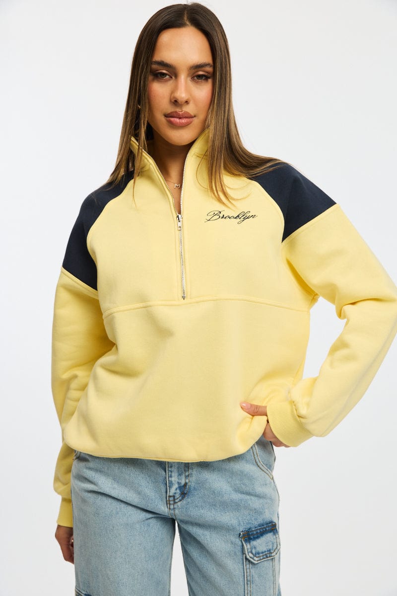 Yellow Zip Sweater Funnel Neck Oversized