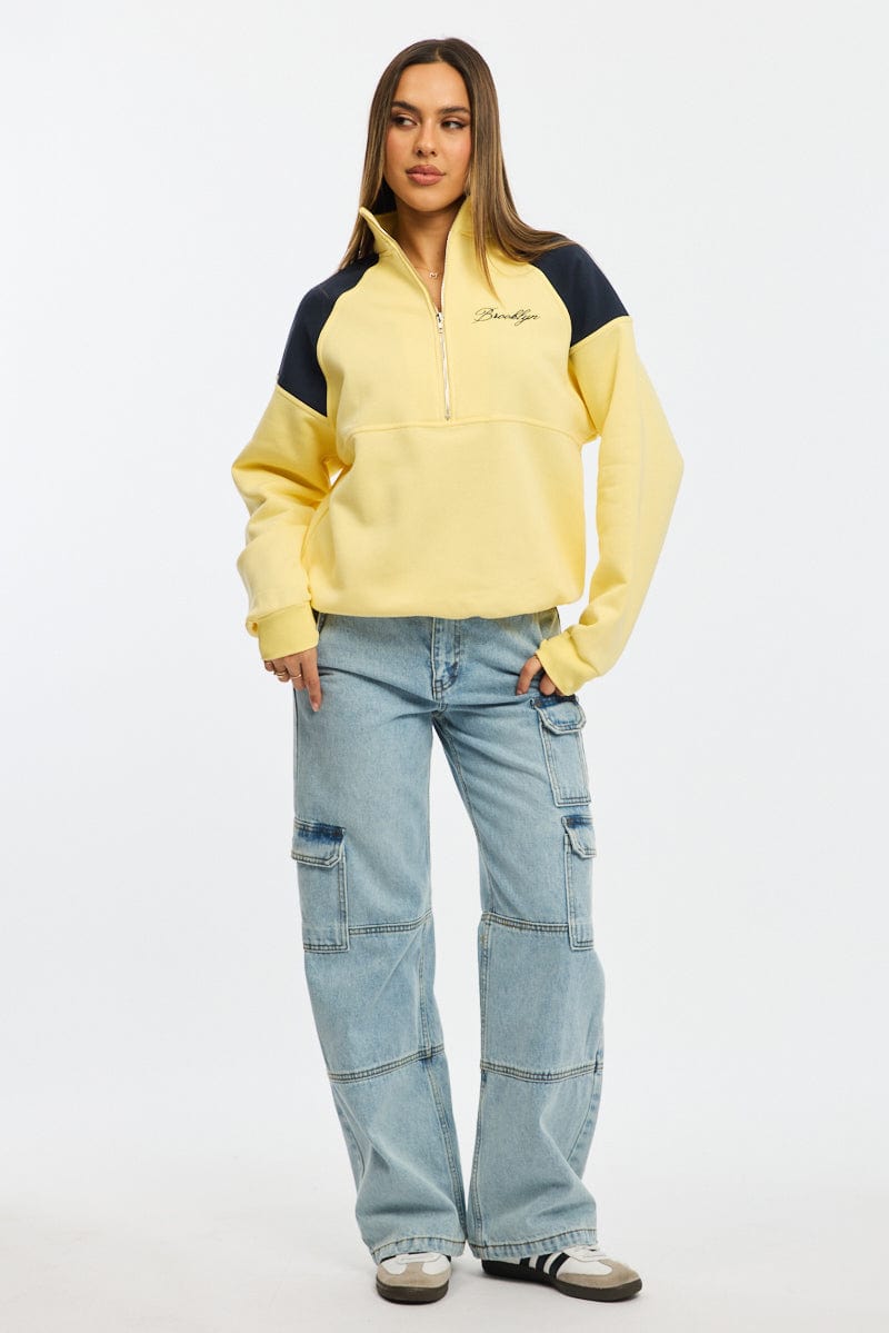 Yellow Zip Sweater Funnel Neck Oversized