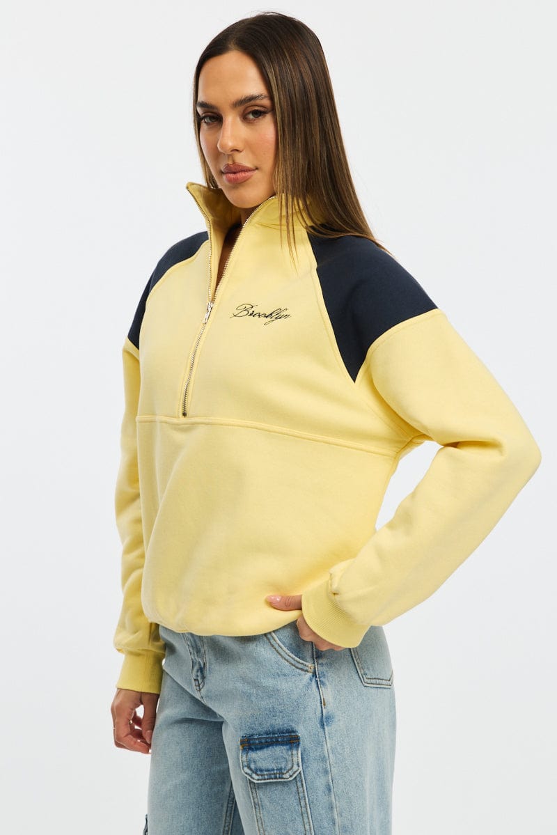 Yellow Zip Sweater Funnel Neck Oversized