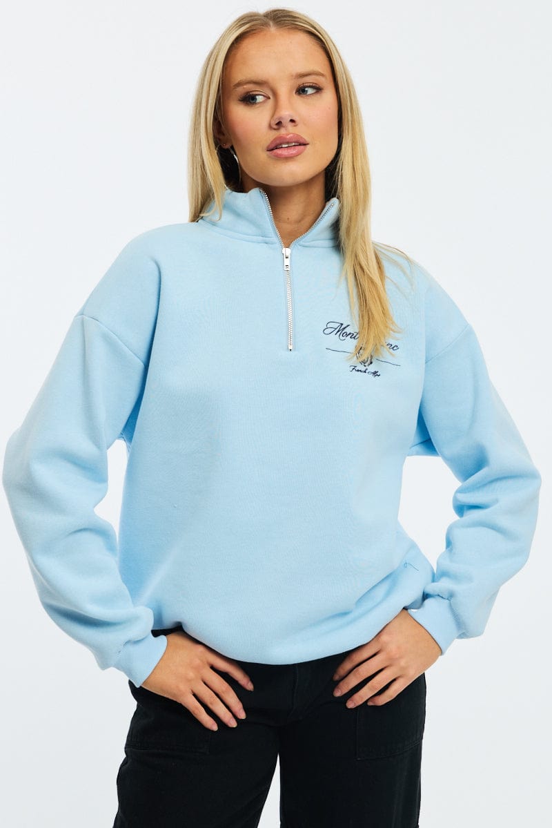 Blue Zip Neck Sweater Oversized