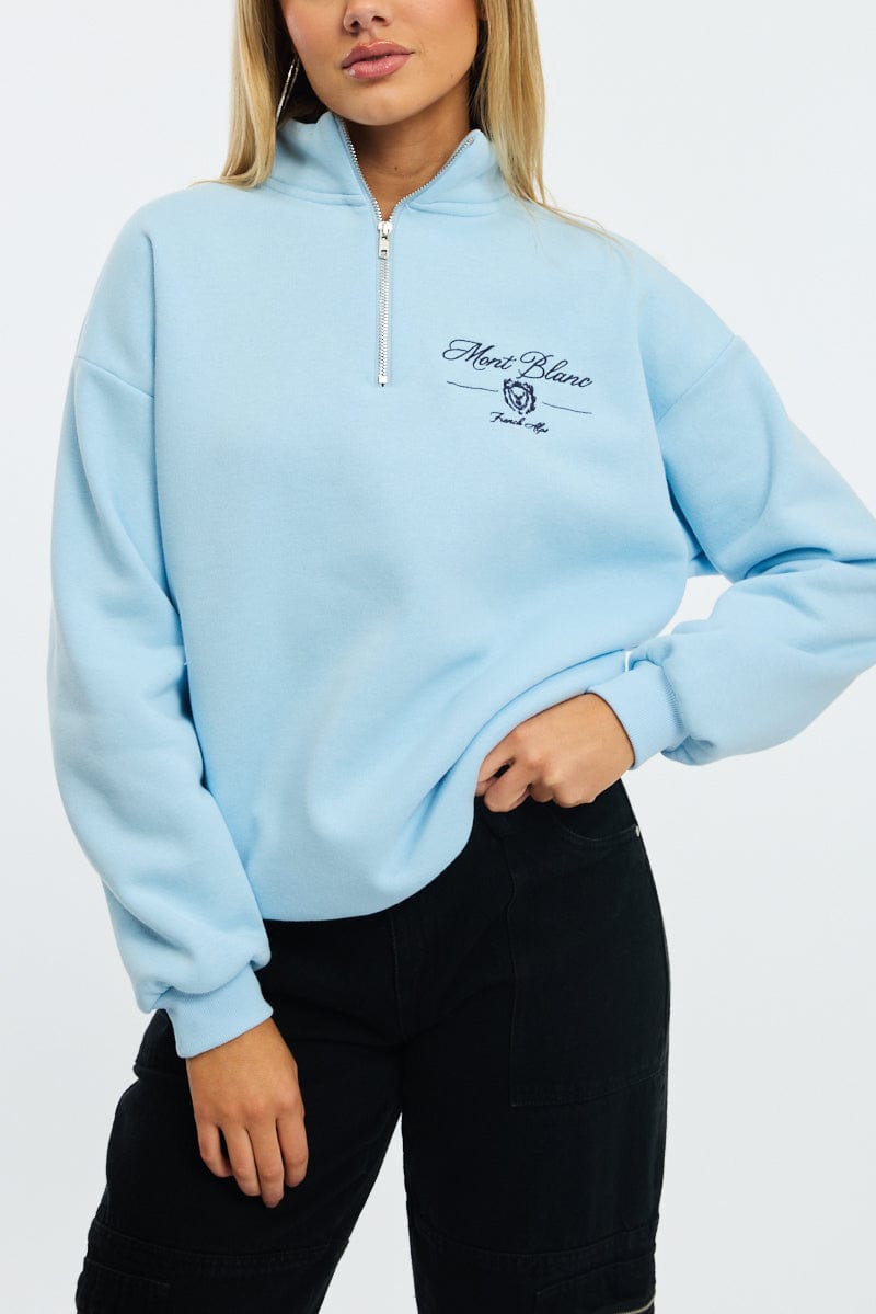 Blue Zip Neck Sweater Oversized