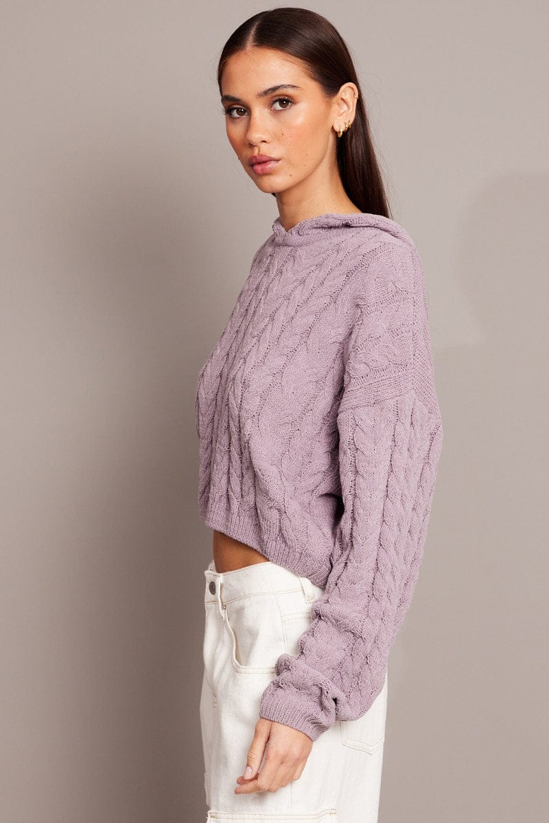 Purple Cable Knit Top Long Sleeve Hoodie