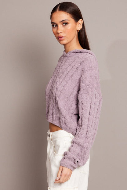 Purple Cable Knit Top Long Sleeve Hoodie