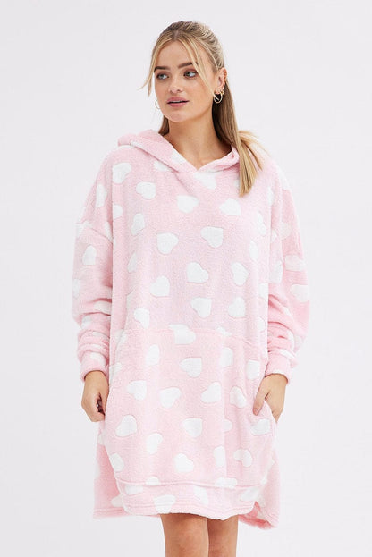Pink Heart Print Cosy Blanket Hoodie PJ