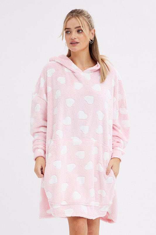 Pink Heart Print Cosy Blanket Hoodie PJ