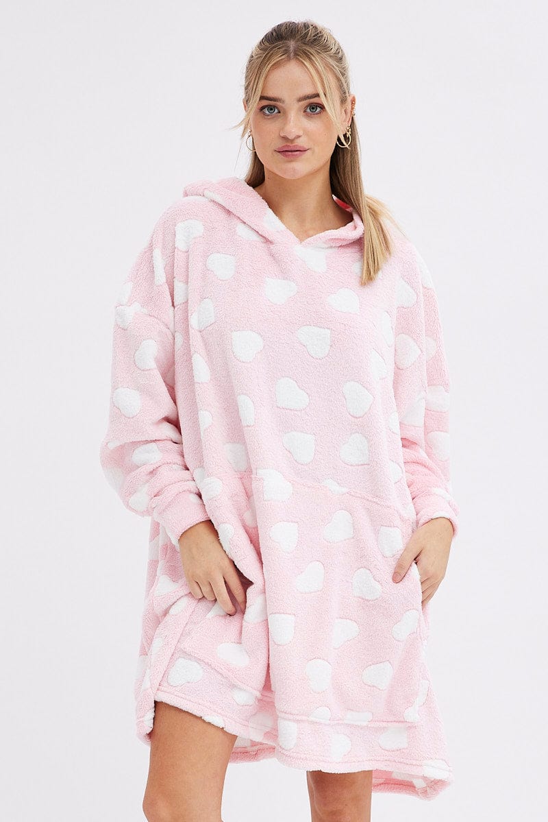 Pink Heart Print Cosy Blanket Hoodie PJ