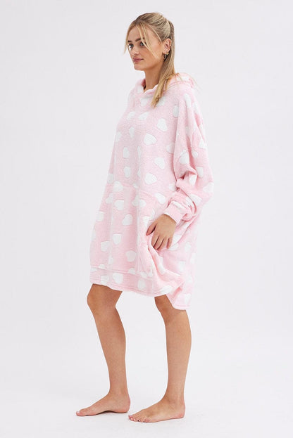 Pink Heart Print Cosy Blanket Hoodie PJ
