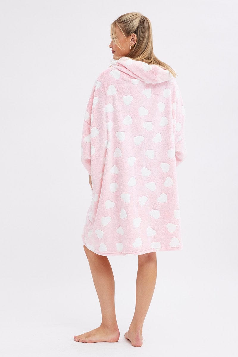 Pink Heart Print Cosy Blanket Hoodie PJ