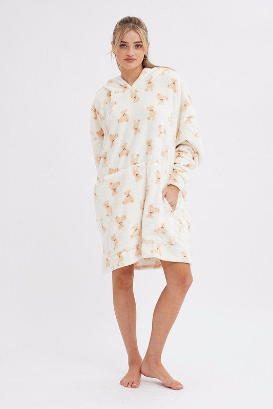Print Teddy Bear Fluffy Cosy Blanket Hoodie PJ