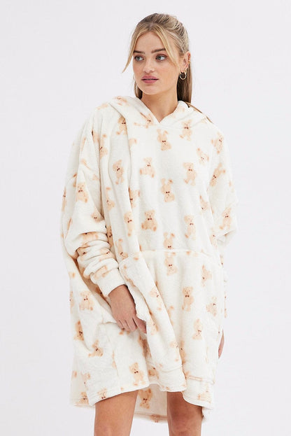 Print Teddy Bear Fluffy Cosy Blanket Hoodie PJ