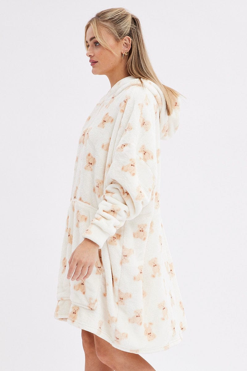 Print Teddy Bear Fluffy Cosy Blanket Hoodie PJ