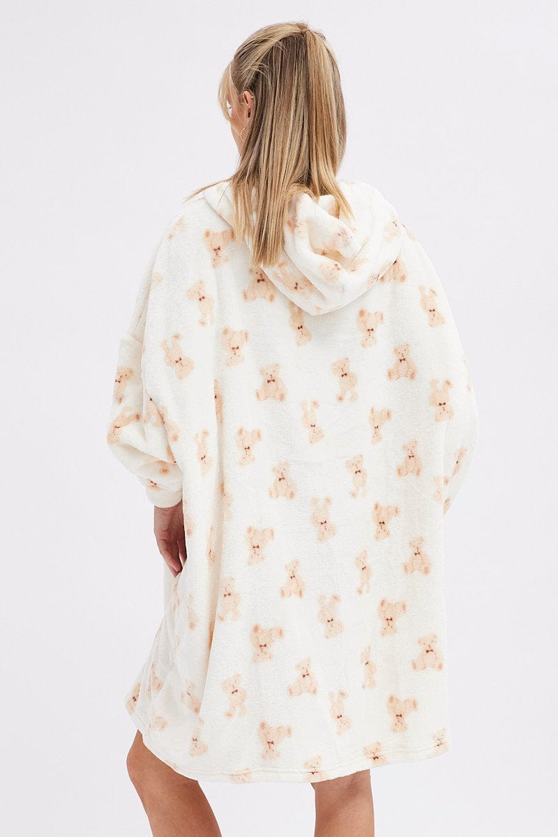 Print Teddy Bear Fluffy Cosy Blanket Hoodie PJ
