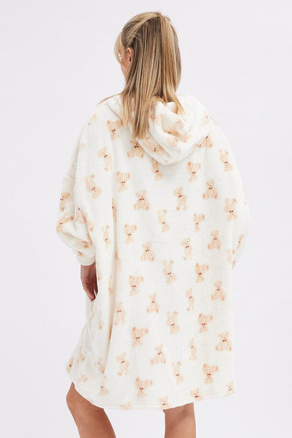 Print Teddy Bear Fluffy Cosy Blanket Hoodie PJ