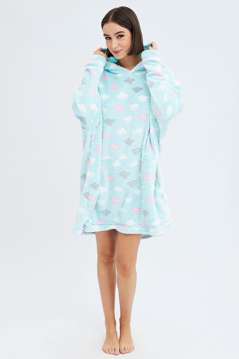 Green Cloud Print Cosy Blanket Hoodie PJ