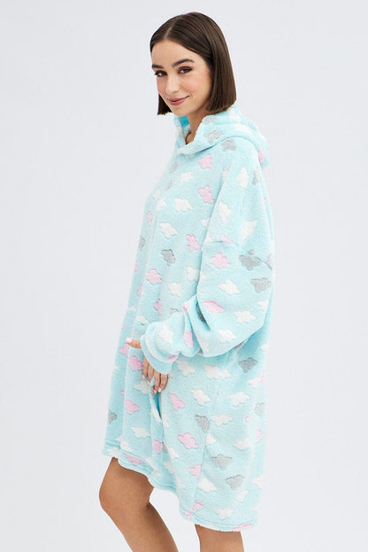 Green Cloud Print Cosy Blanket Hoodie PJ