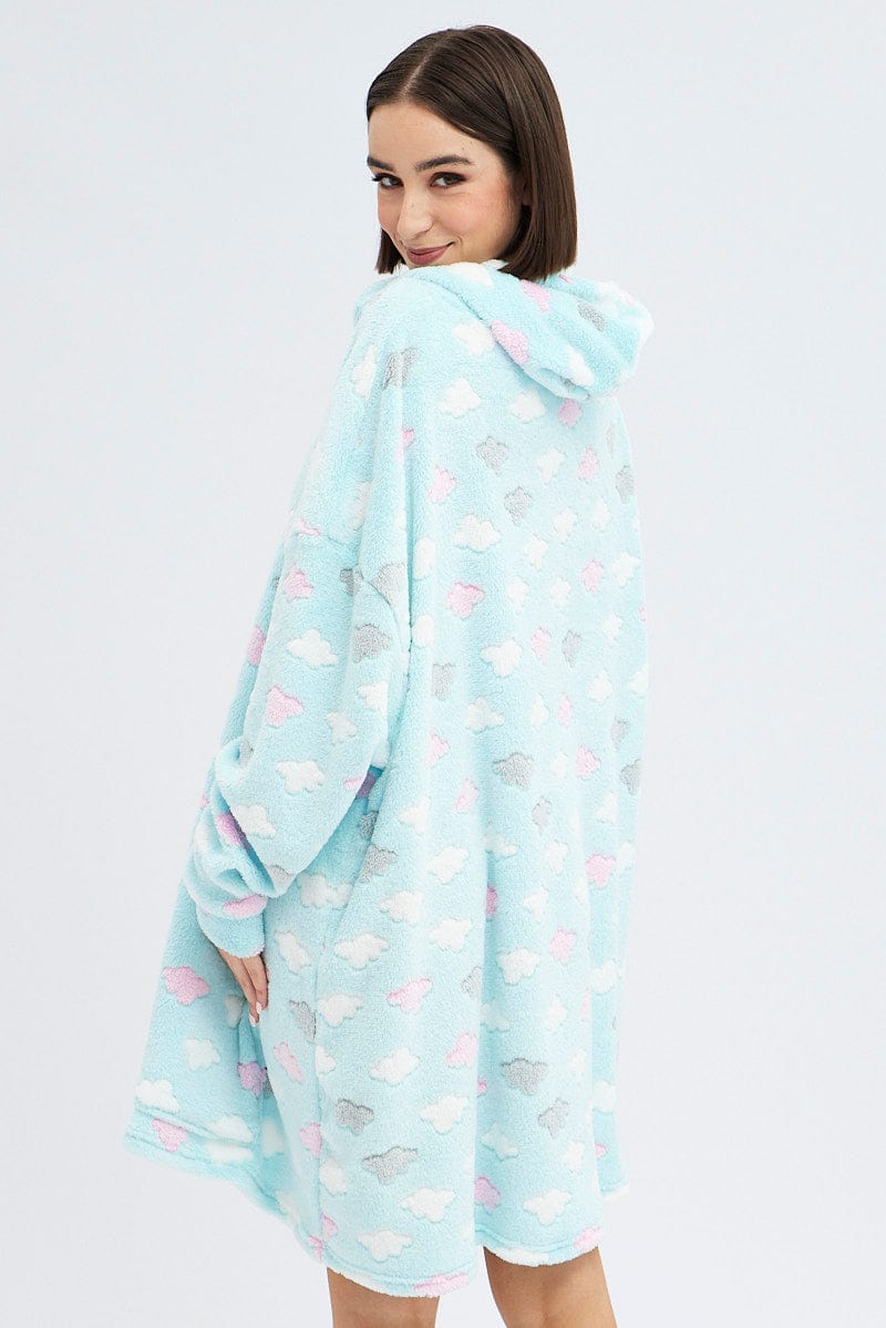 Green Cloud Print Cosy Blanket Hoodie PJ