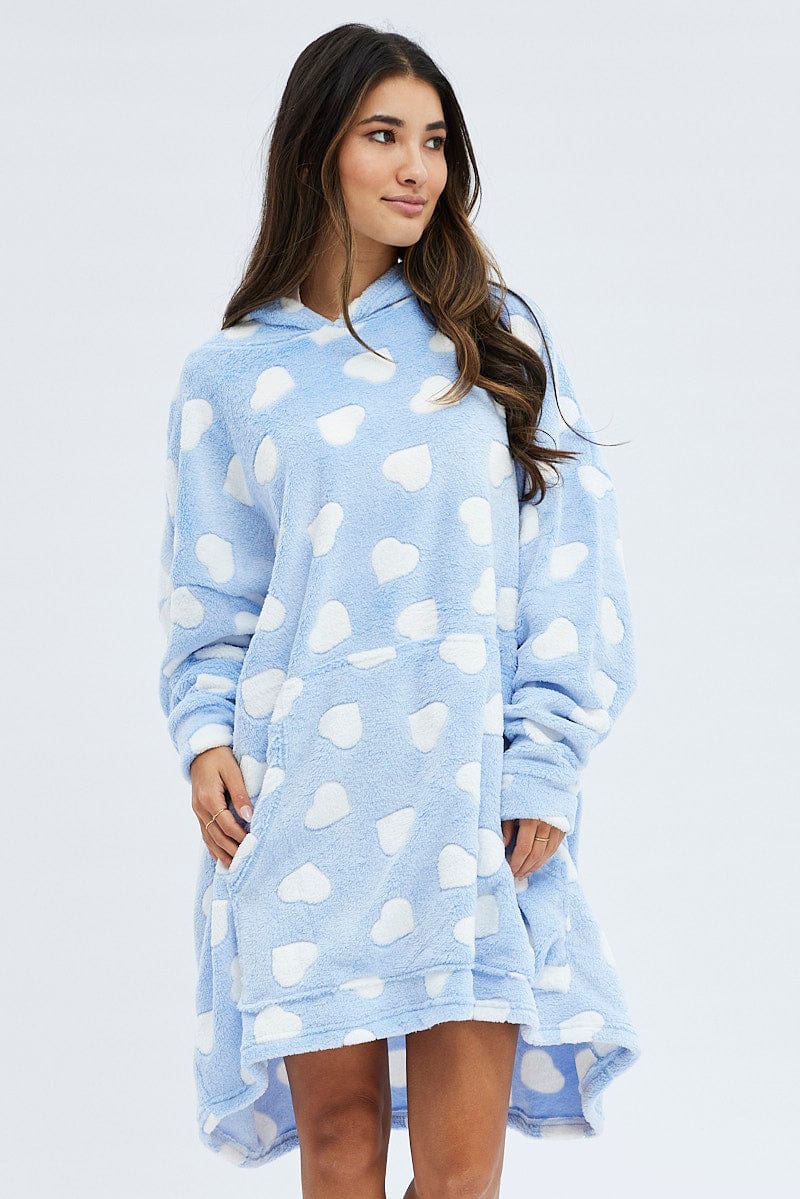 Blue Print Heart Print Cosy Blanket Hoodie PJ