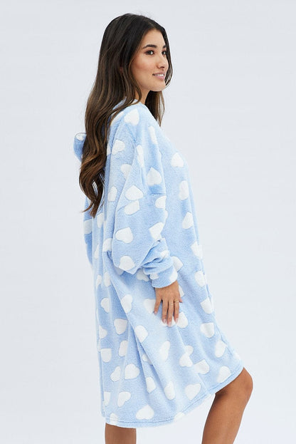 Blue Print Heart Print Cosy Blanket Hoodie PJ