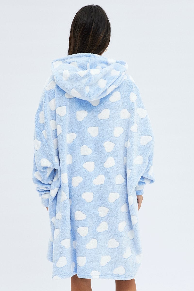 Blue Print Heart Print Cosy Blanket Hoodie PJ