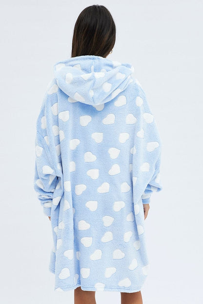Blue Print Heart Print Cosy Blanket Hoodie PJ